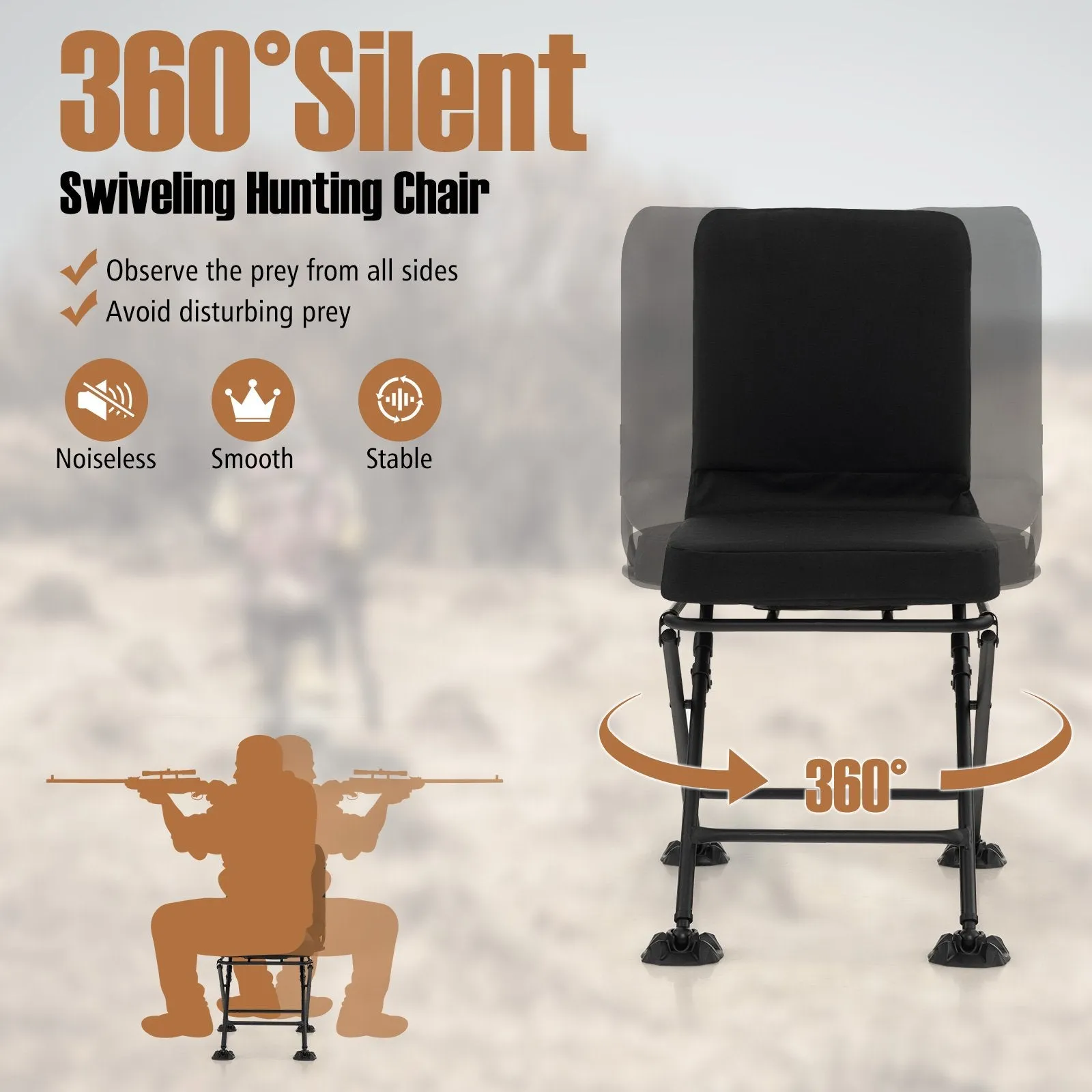 360° Swivel Silent Hunting Chair with Padded Seat and Backrest-Black