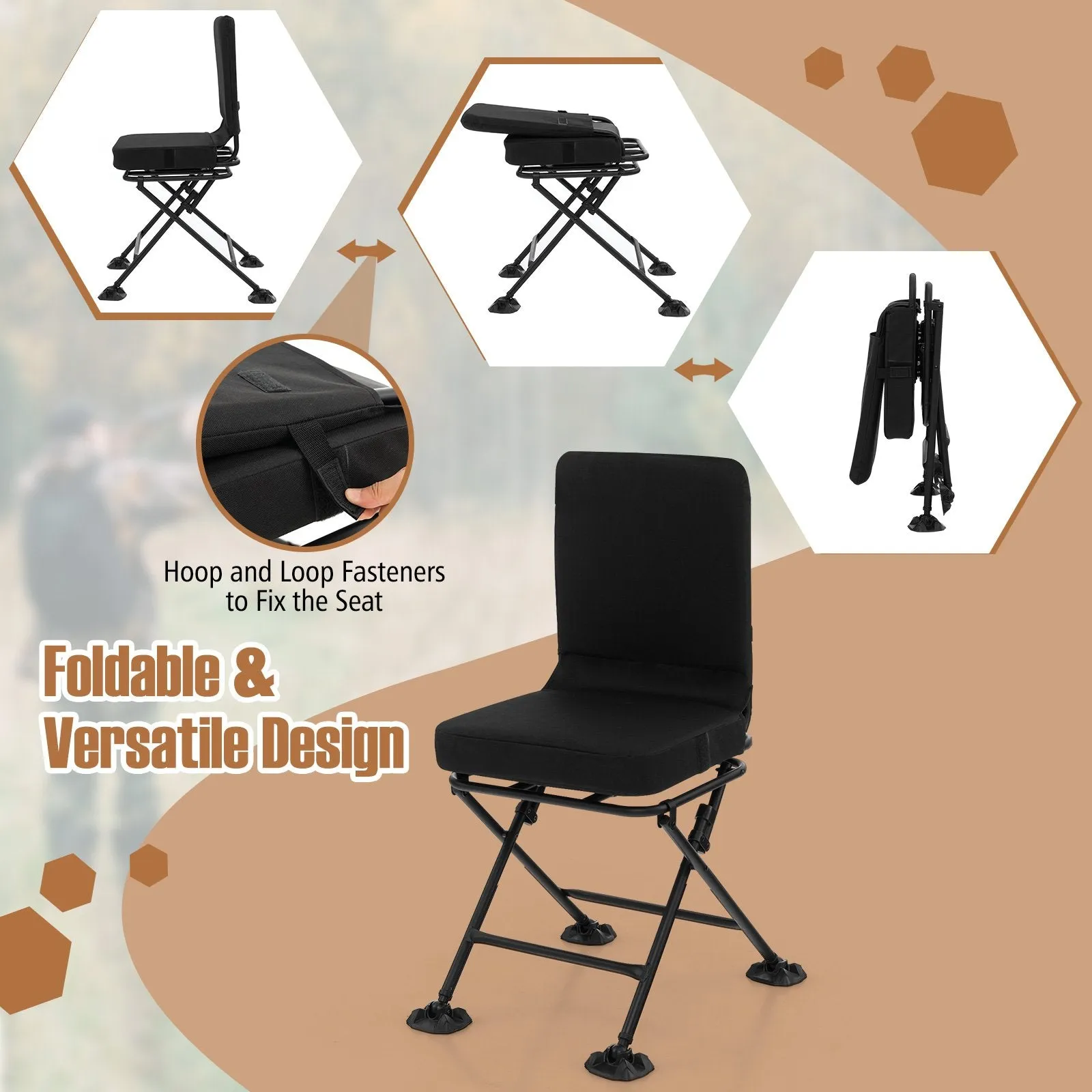 360° Swivel Silent Hunting Chair with Padded Seat and Backrest-Black