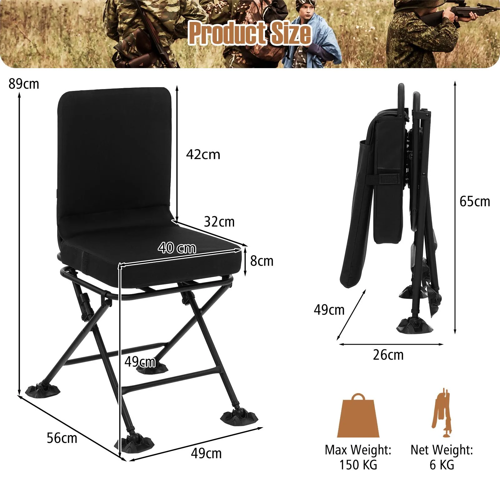 360° Swivel Silent Hunting Chair with Padded Seat and Backrest-Black