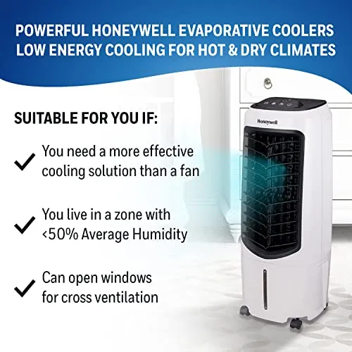Honeywell 2.6 Gallon Indoor Portable Evaporative Air Cooler for Garage, Basement, Attic, 115V, for up to 120 Sq. Ft. with Remote, Quiet, Low Energy, Compact, White