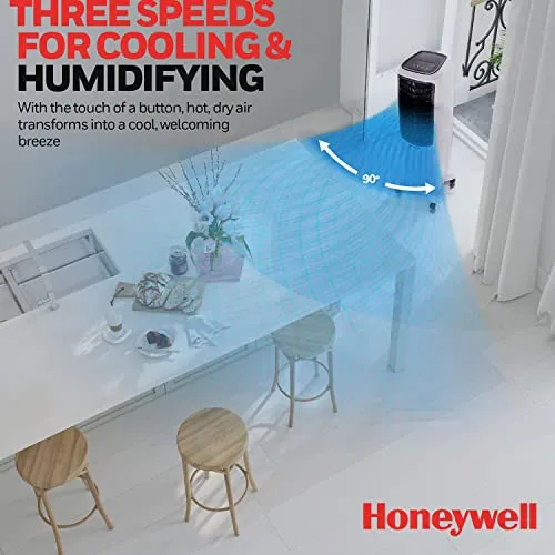 Honeywell 2.6 Gallon Indoor Portable Evaporative Air Cooler for Garage, Basement, Attic, 115V, for up to 120 Sq. Ft. with Remote, Quiet, Low Energy, Compact, White