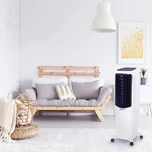 Honeywell 2.6 Gallon Indoor Portable Evaporative Air Cooler for Garage, Basement, Attic, 115V, for up to 120 Sq. Ft. with Remote, Quiet, Low Energy, Compact, White