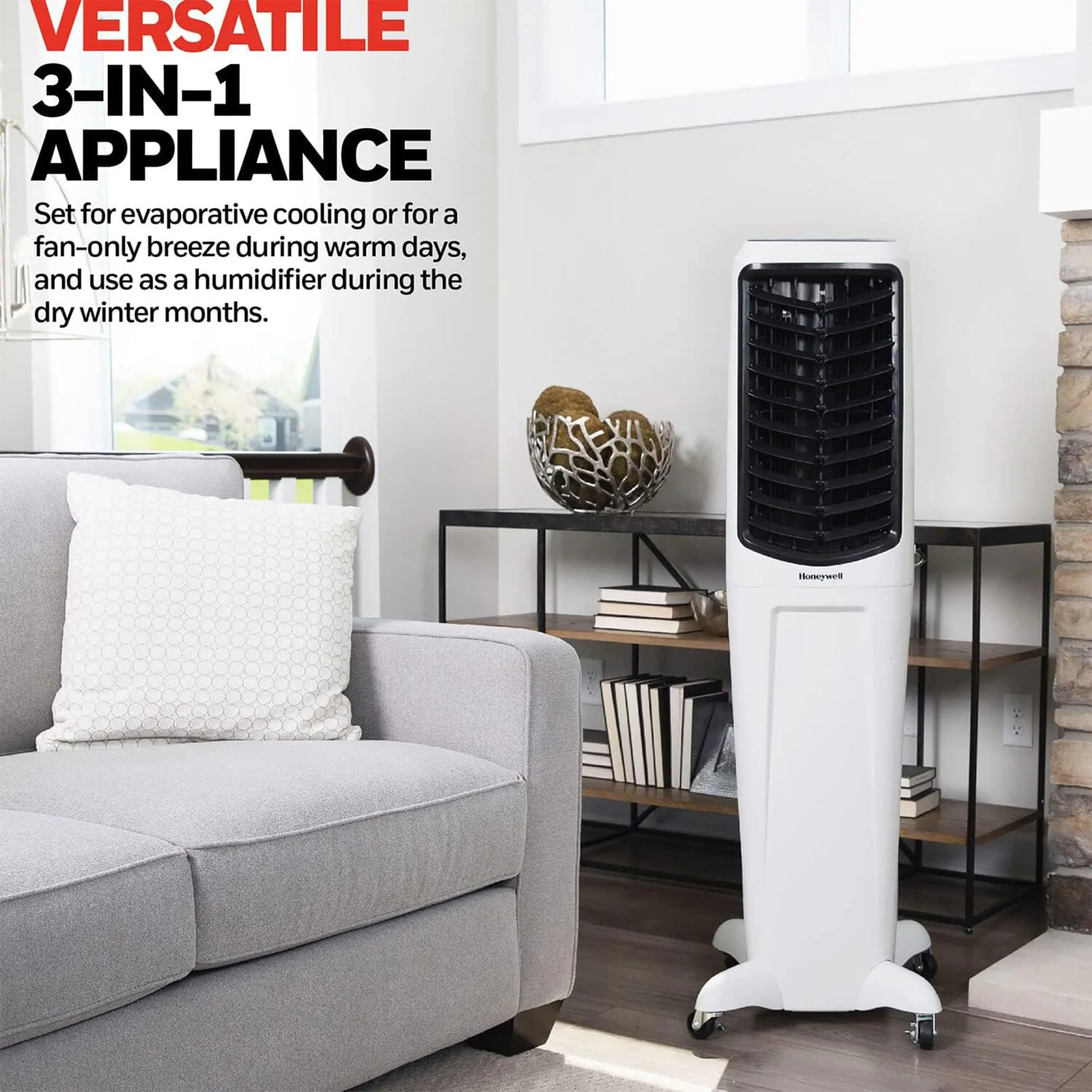 Honeywell 2.6 Gallon Indoor Portable Evaporative Air Cooler for Garage, Basement, Attic, 115V, for up to 120 Sq. Ft. with Remote, Quiet, Low Energy, Compact, White
