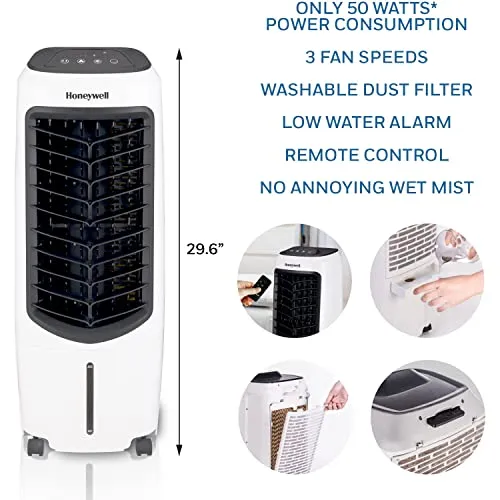 Honeywell 2.6 Gallon Indoor Portable Evaporative Air Cooler for Garage, Basement, Attic, 115V, for up to 120 Sq. Ft. with Remote, Quiet, Low Energy, Compact, White