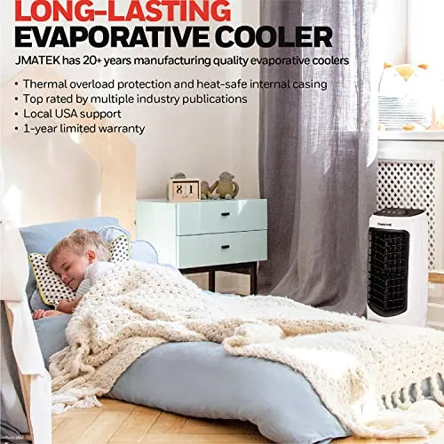 Honeywell 2.6 Gallon Indoor Portable Evaporative Air Cooler for Garage, Basement, Attic, 115V, for up to 120 Sq. Ft. with Remote, Quiet, Low Energy, Compact, White