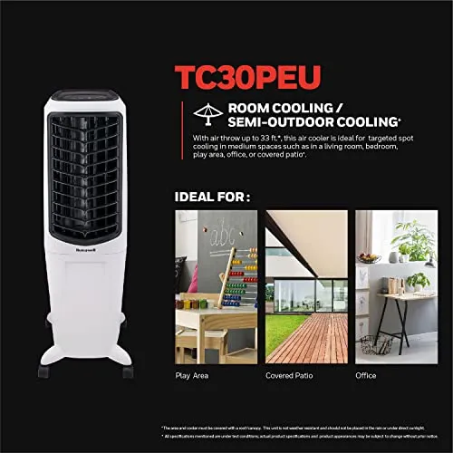 Honeywell 2.6 Gallon Indoor Portable Evaporative Air Cooler for Garage, Basement, Attic, 115V, for up to 120 Sq. Ft. with Remote, Quiet, Low Energy, Compact, White