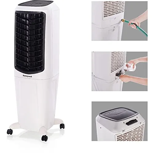 Honeywell 2.6 Gallon Indoor Portable Evaporative Air Cooler for Garage, Basement, Attic, 115V, for up to 120 Sq. Ft. with Remote, Quiet, Low Energy, Compact, White