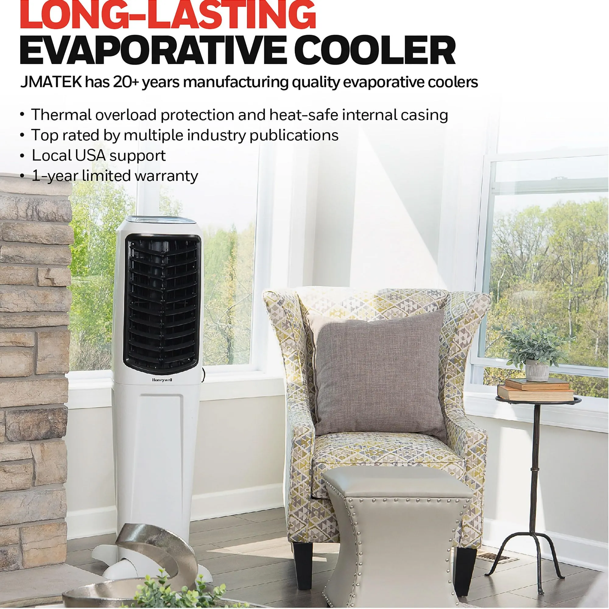 Honeywell 2.6 Gallon Indoor Portable Evaporative Air Cooler for Garage, Basement, Attic, 115V, for up to 120 Sq. Ft. with Remote, Quiet, Low Energy, Compact, White