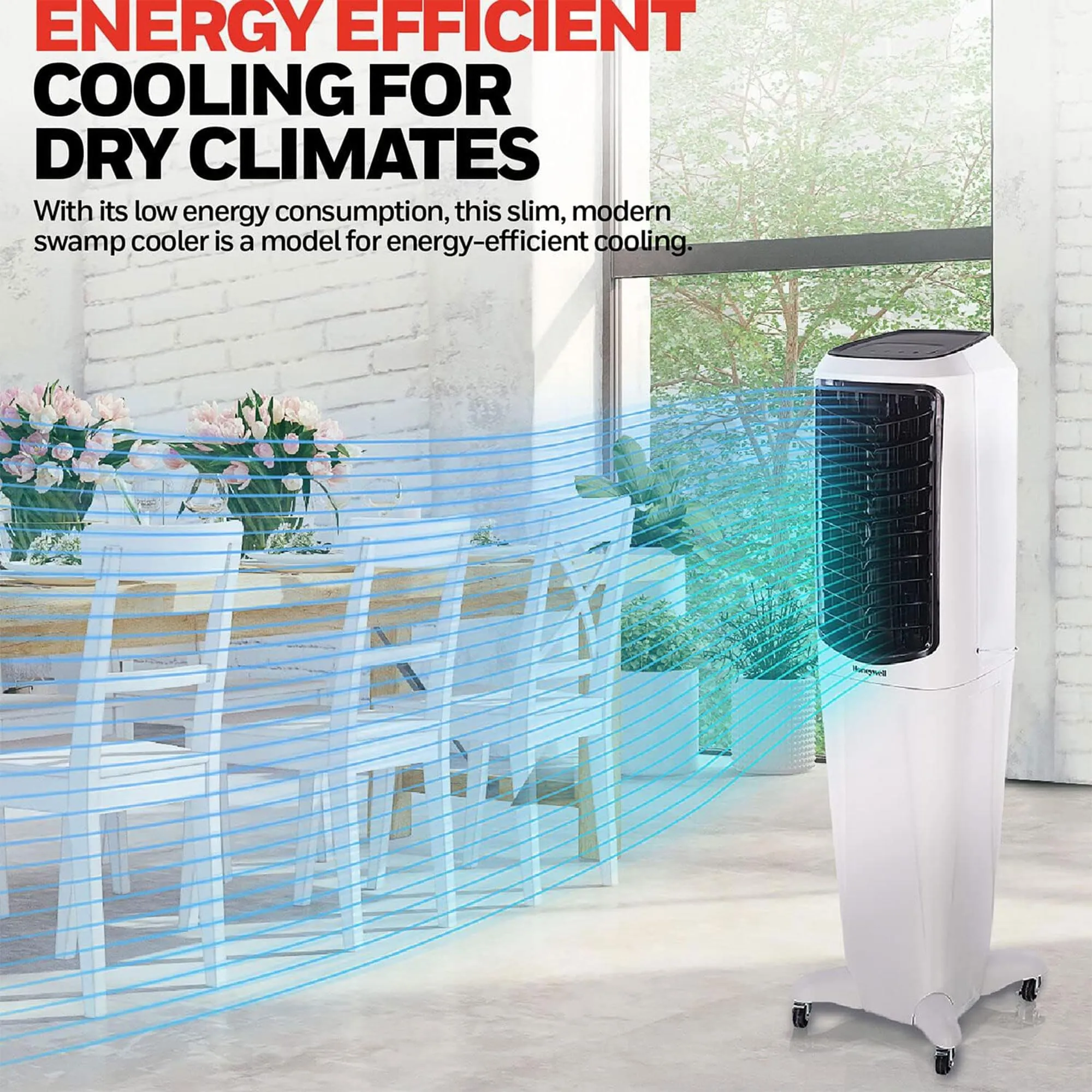 Honeywell 2.6 Gallon Indoor Portable Evaporative Air Cooler for Garage, Basement, Attic, 115V, for up to 120 Sq. Ft. with Remote, Quiet, Low Energy, Compact, White