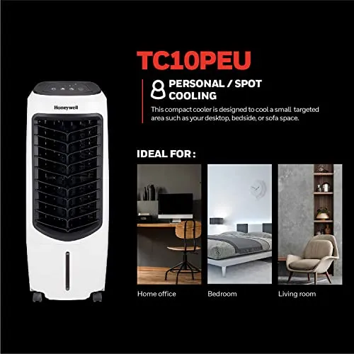 Honeywell 2.6 Gallon Indoor Portable Evaporative Air Cooler for Garage, Basement, Attic, 115V, for up to 120 Sq. Ft. with Remote, Quiet, Low Energy, Compact, White