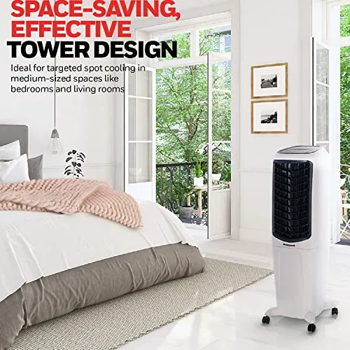 Honeywell 2.6 Gallon Indoor Portable Evaporative Air Cooler for Garage, Basement, Attic, 115V, for up to 120 Sq. Ft. with Remote, Quiet, Low Energy, Compact, White