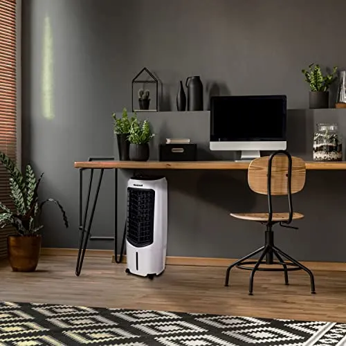 Honeywell 2.6 Gallon Indoor Portable Evaporative Air Cooler for Garage, Basement, Attic, 115V, for up to 120 Sq. Ft. with Remote, Quiet, Low Energy, Compact, White