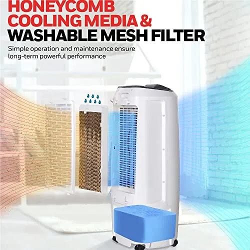 Honeywell 2.6 Gallon Indoor Portable Evaporative Air Cooler for Garage, Basement, Attic, 115V, for up to 120 Sq. Ft. with Remote, Quiet, Low Energy, Compact, White