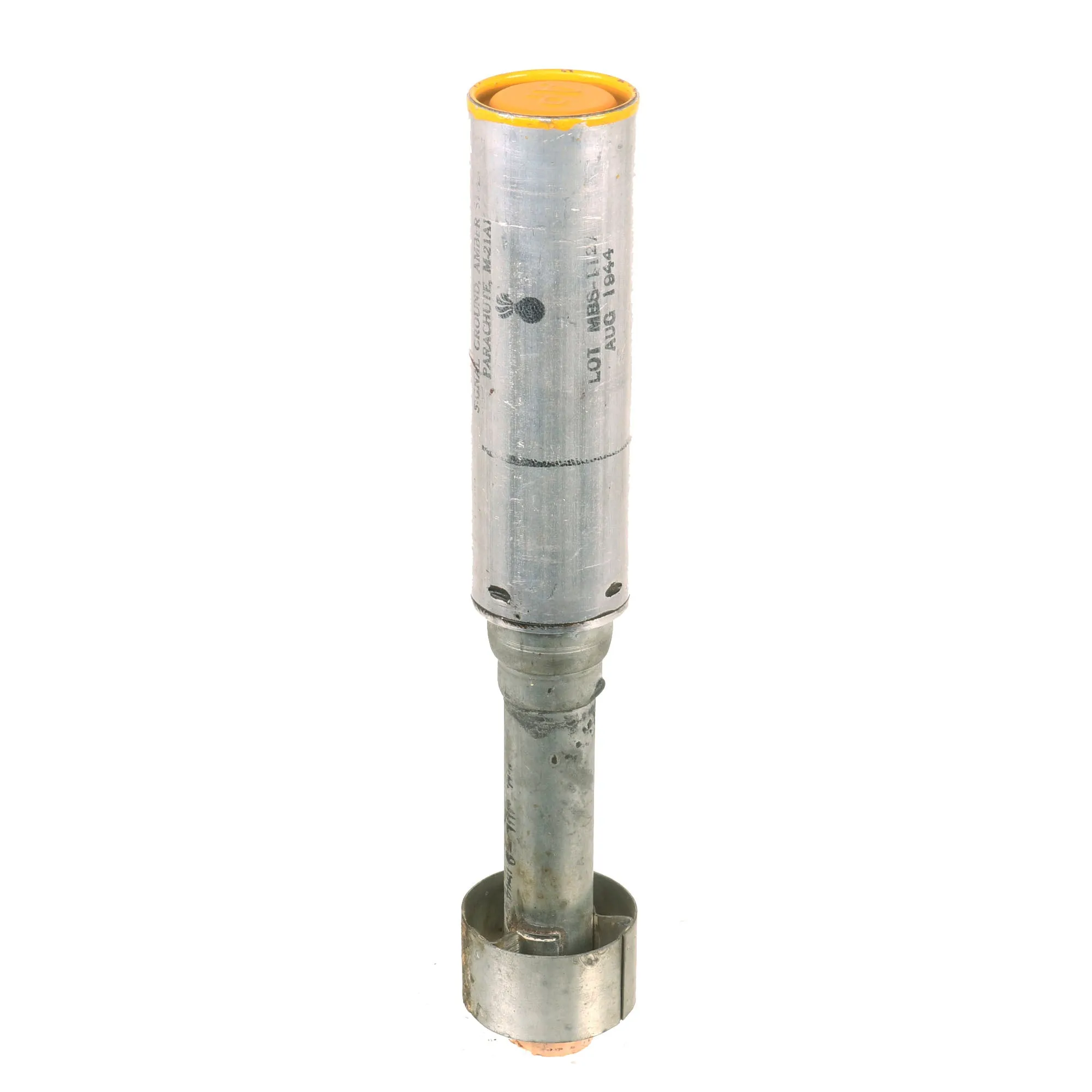 Original U.S. WWII M21A1 Amber Star Signal Parachute Flare in Tube - Dated August & October 1944