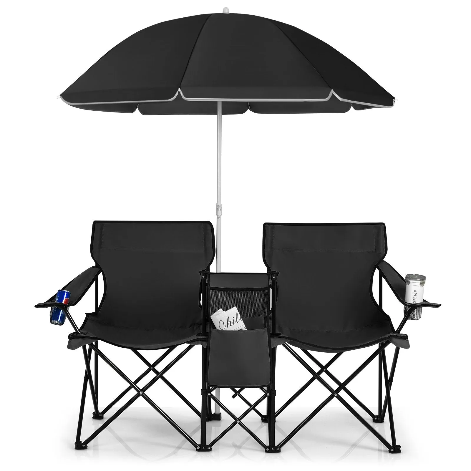Portable Double Camping Chair with Umbrella and Ice Bag-Black