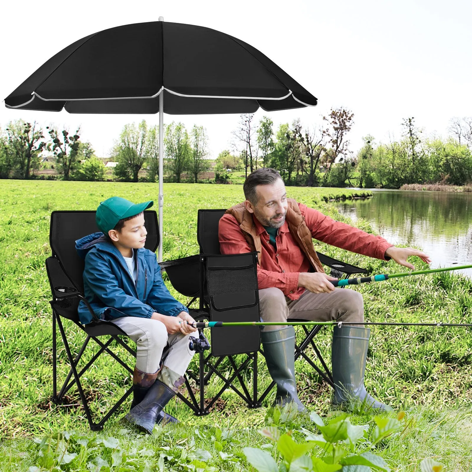 Portable Double Camping Chair with Umbrella and Ice Bag-Black