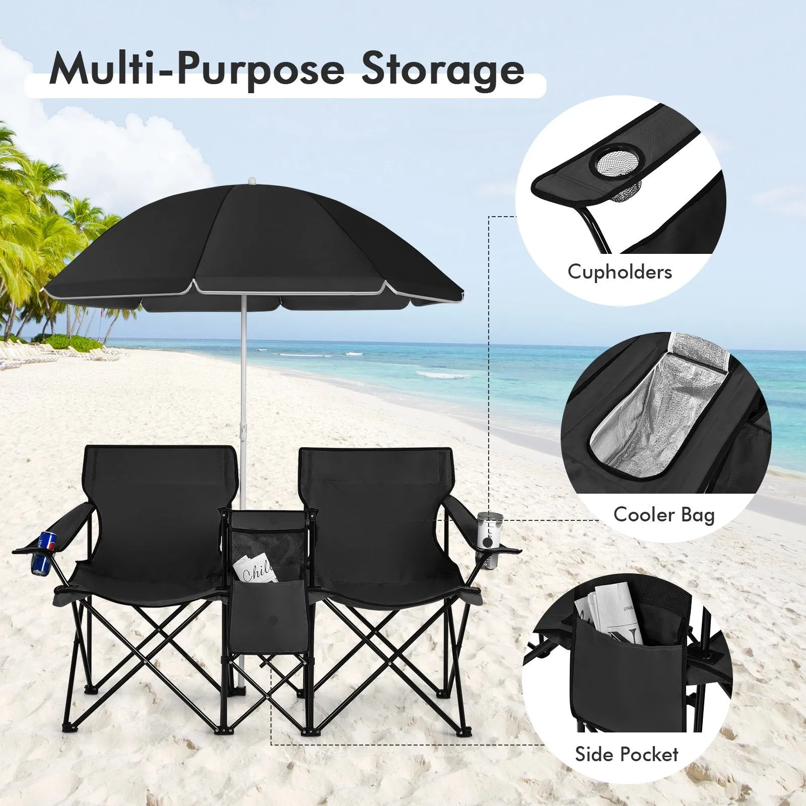 Portable Double Camping Chair with Umbrella and Ice Bag-Black
